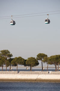 A cable car above an alley next to the river tejo in oriente area. lisbon, portugal