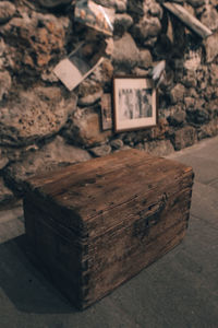 High angle view of old box on table