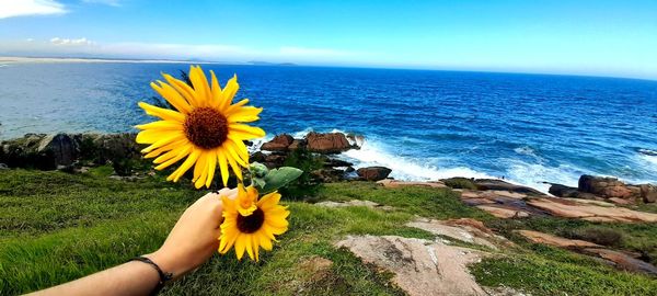 Scenic view of sea against cloudy sky