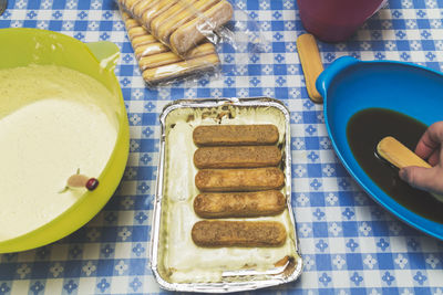 High angle view of breakfast on table