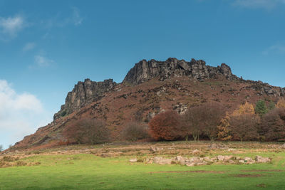 Rock formations on landscape against sky