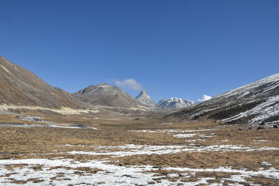 View of  snowcapped zero point, or yumesamdong. it is famous for tourism in sikkim, india.