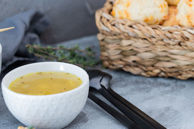 High angle view of soup in bowl on table