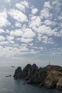 Rock formations in sea against sky