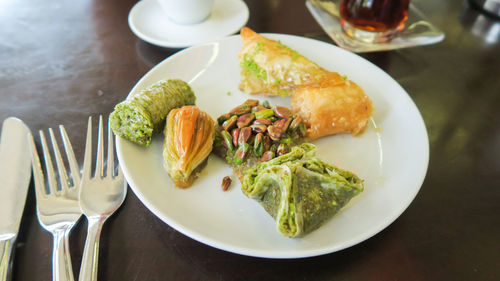 High angle view of food served on table