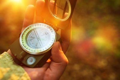 Cropped image of person holding navigational compass