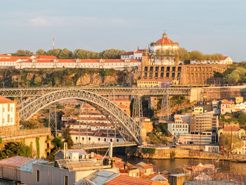 Arch bridge over river against buildings in city