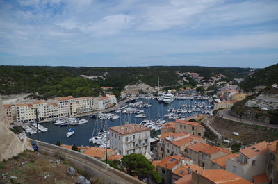 High angle shot of townscape against sky