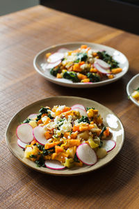 High angle view of food in plate on table