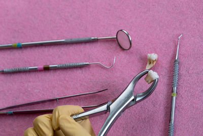 High angle view of dental equipment on table