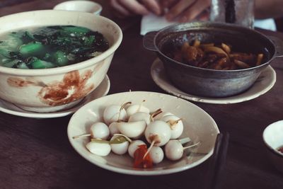 Close-up of food served on table