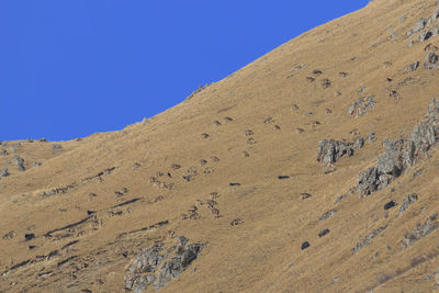 Low angle view of mountains against clear blue sky