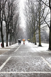 Rear view of people walking on road in winter