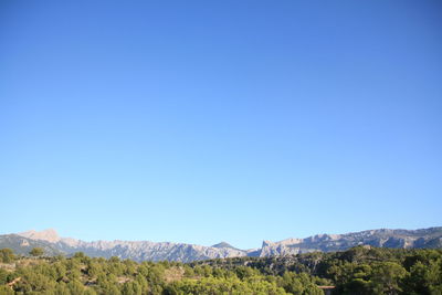 Scenic view of mountains against clear blue sky