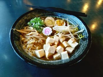 High angle view of food in bowl on table