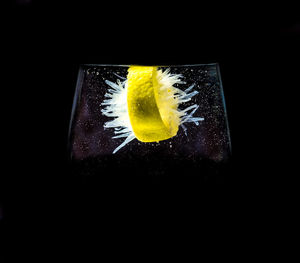 Close-up of lemon on glass against black background