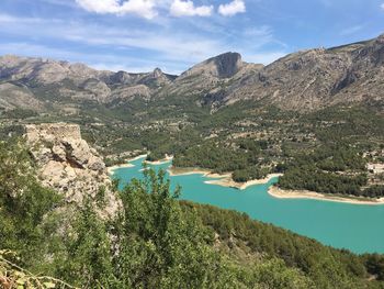 Scenic view of lake and mountains against sky