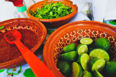 High angle view of fruits in bowl on table