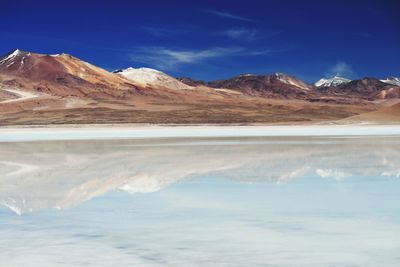 Scenic view of snowcapped mountains against blue sky