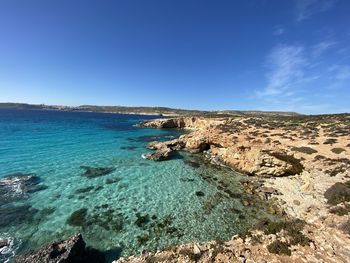 Scenic view of sea against clear blue sky