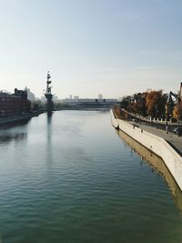 Bridge over river against buildings in city