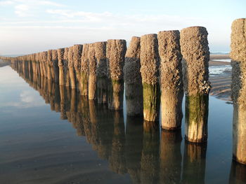 Panoramic shot of wooden posts in sea against sky