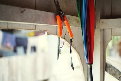 Close-up of multi colored hanging outdoors