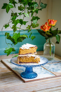 Close-up of cake served on table