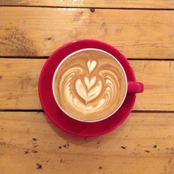 Directly above shot of cappuccino on wooden table