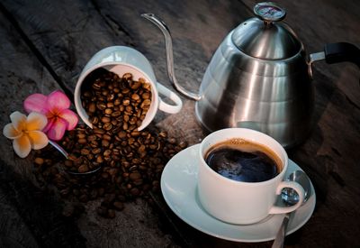 High angle view of coffee cup on table