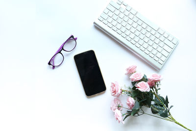 Close-up of pink flowers on table against white background