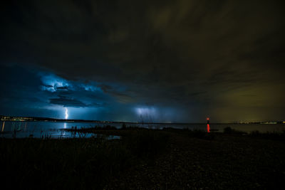 Scenic view of sea against sky at night