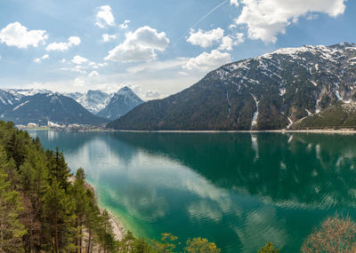 Scenic view of lake and mountains against sky