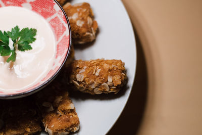 High angle view of dessert in plate on table