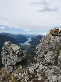 Scenic view of rocks and mountains against sky