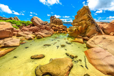 Rock formations on landscape against sky