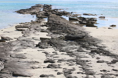 High angle view of rocks on beach against sky