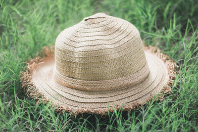 High angle view of hat on field