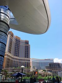 Low angle view of skyscrapers against clear sky