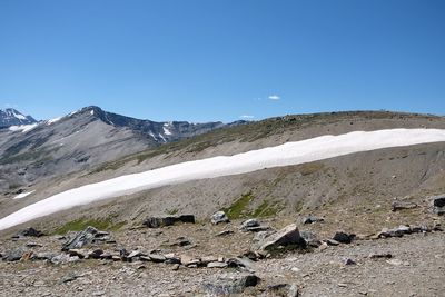 Scenic view of mountains against clear blue sky