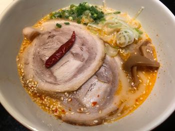 High angle view of soup in bowl