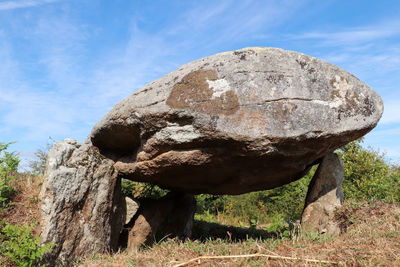 Close-up of rock formation on field against sky