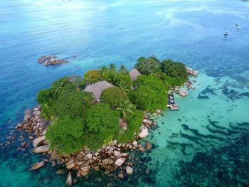 High angle view of rocks on sea shore