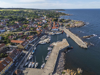 Aerial photo of allinge harbour, bornholm, denmark