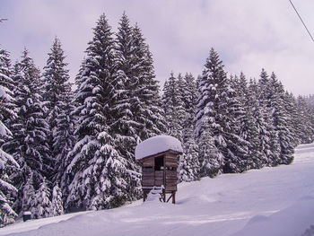 Built structure on snow covered landscape against sky