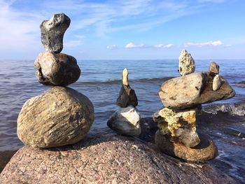 Close-up of rocks on beach against sky