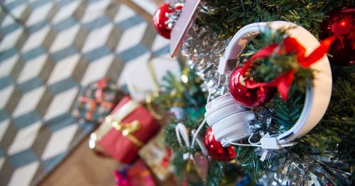 High angle view of christmas decoration on tree