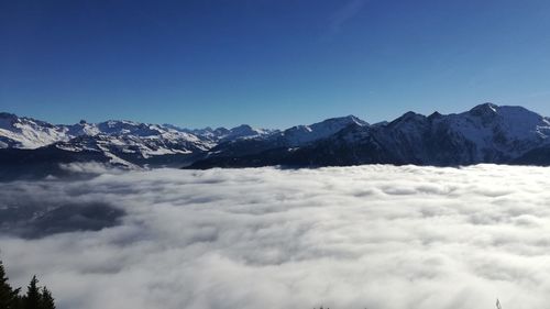 Scenic view of mountains against sky during winter