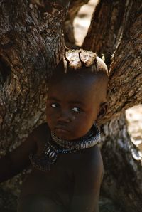 Portrait of boy in tree trunk