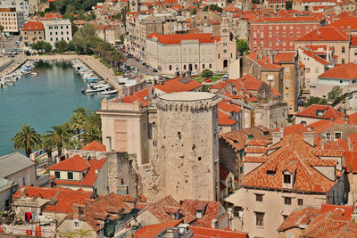 High angle view of buildings in city